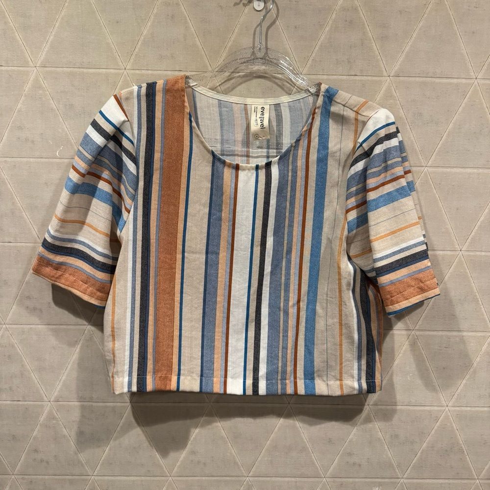 Eve Gravel for Anthropologie cropped, striped, linen top.
